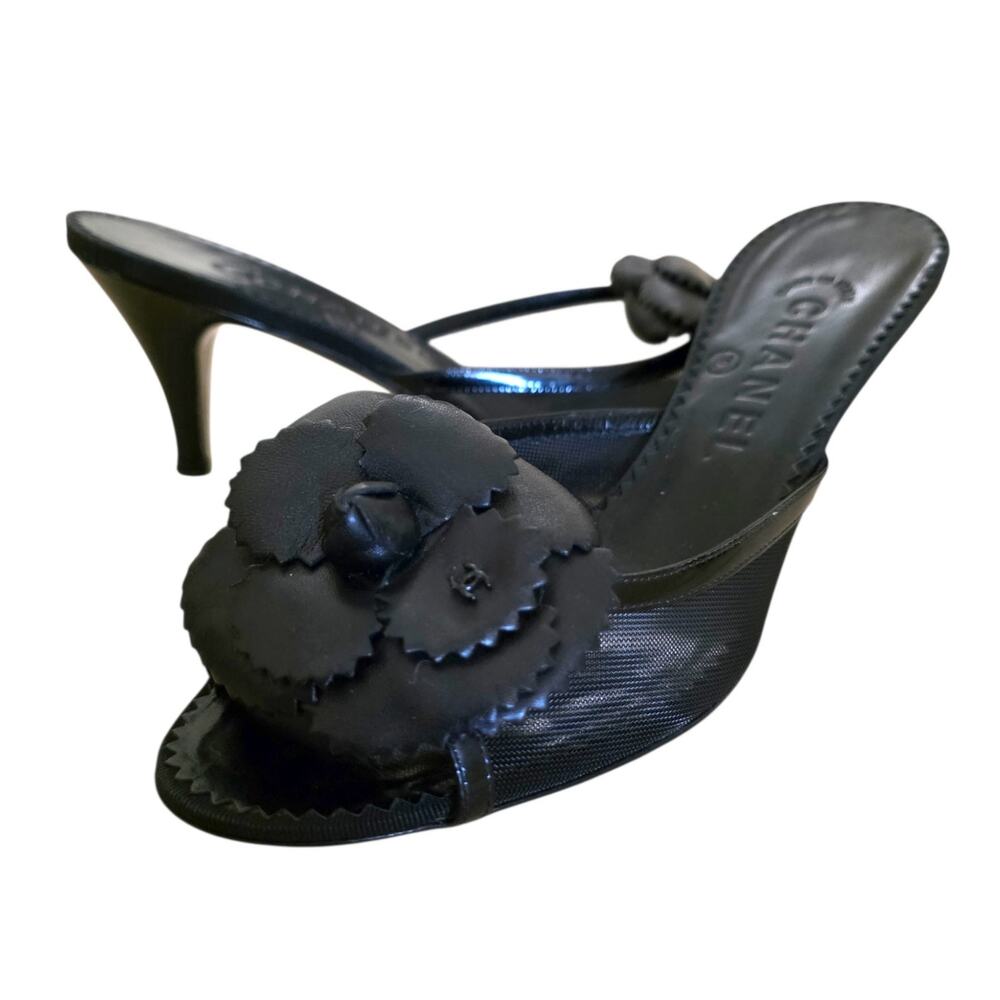 Chanel Vintage Mesh Mules Camellia Flower Logo Black Leather Heels IT 37 US 6.5